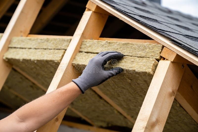 Käsineinen käsi asettaa mineraalivillaa katon puurakenteisiin